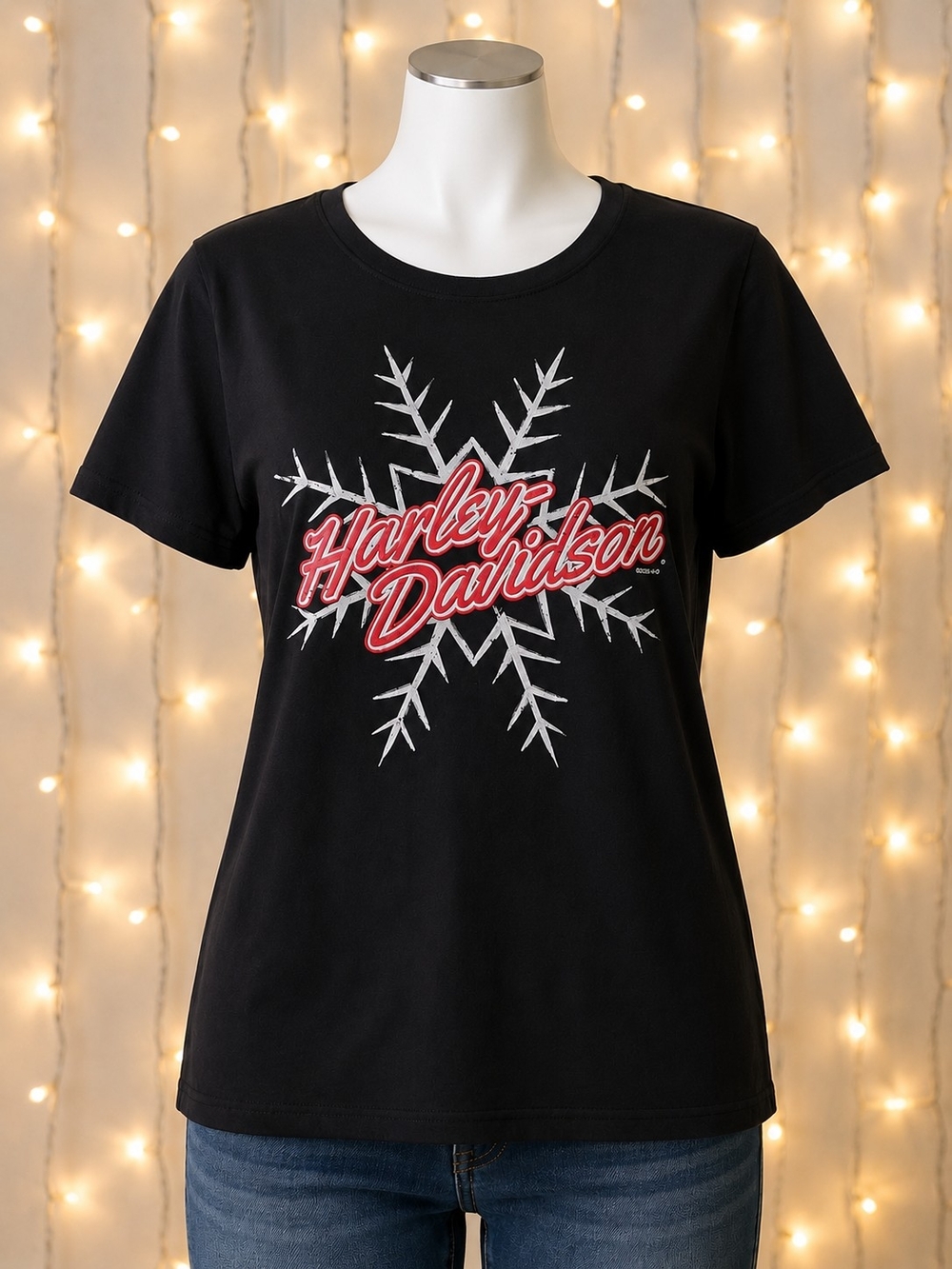 Harley-Davidson Black Graphic Tee Winter Snowflake Motorcycle Biker Streetwear